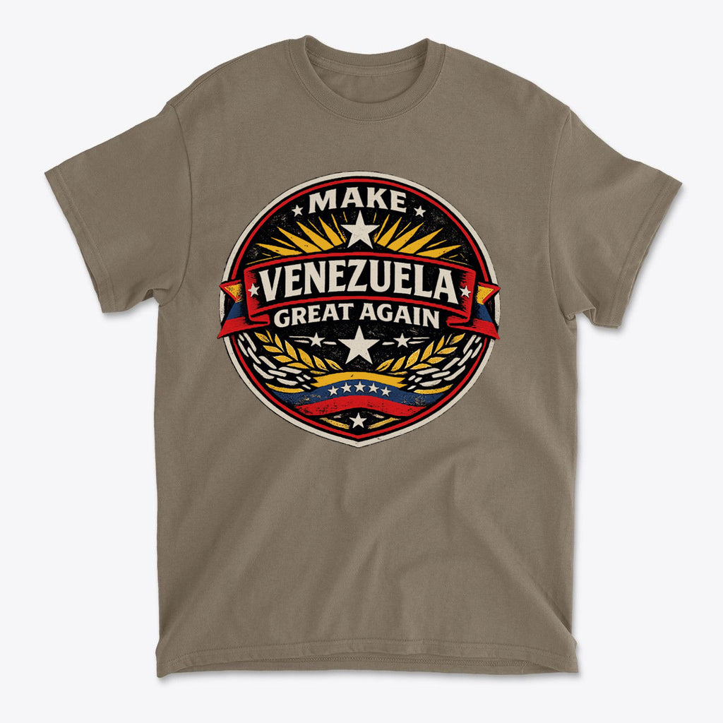 Make Venezuela Great Again for the Future t-shirt design featuring a bold logo and patriotic colors.
