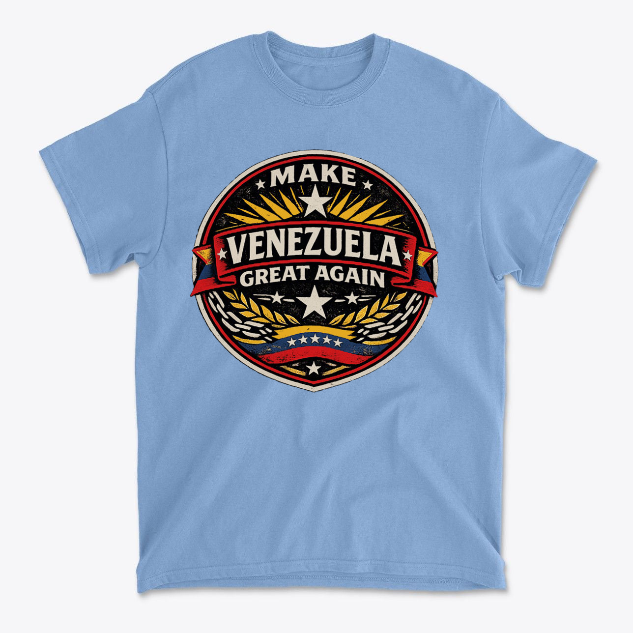 Make Venezuela Great Again for the Future t-shirt featuring a retro badge design on a blue background.