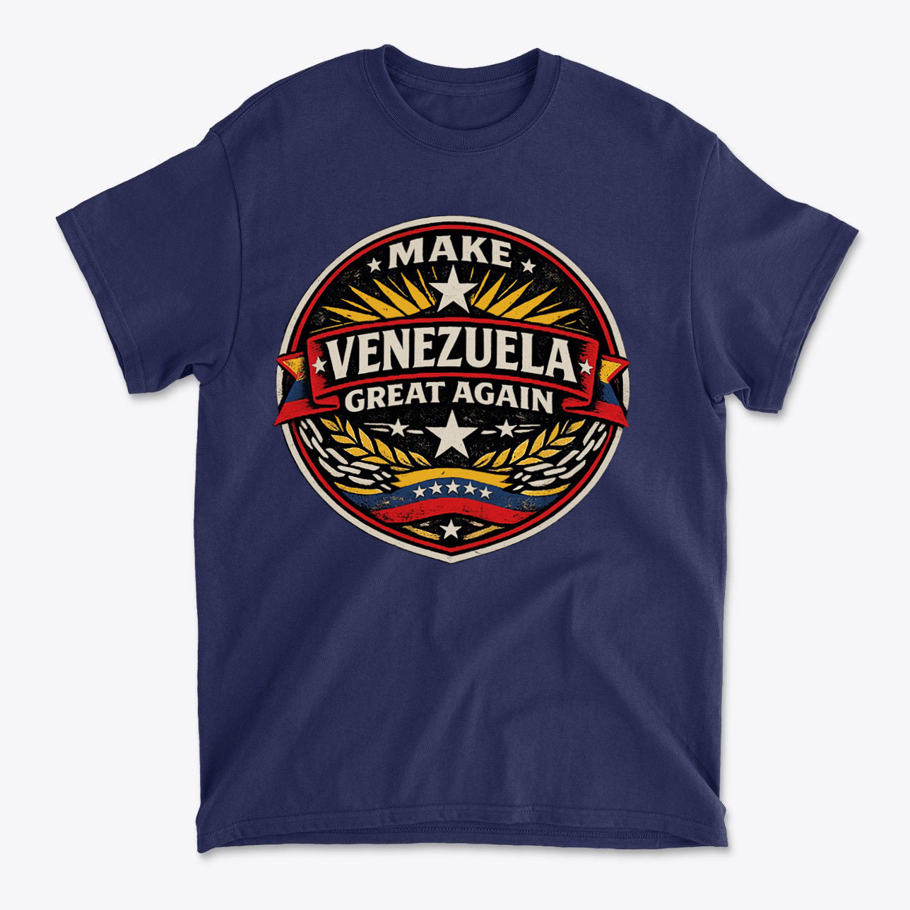 Navy blue t-shirt featuring the slogan 'Make Venezuela Great Again for the Future' with a bold emblem design.