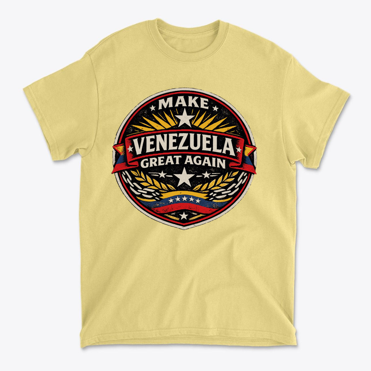 Make Venezuela Great Again for the Future bold logo design on a yellow t-shirt, symbolizing national pride and hope.