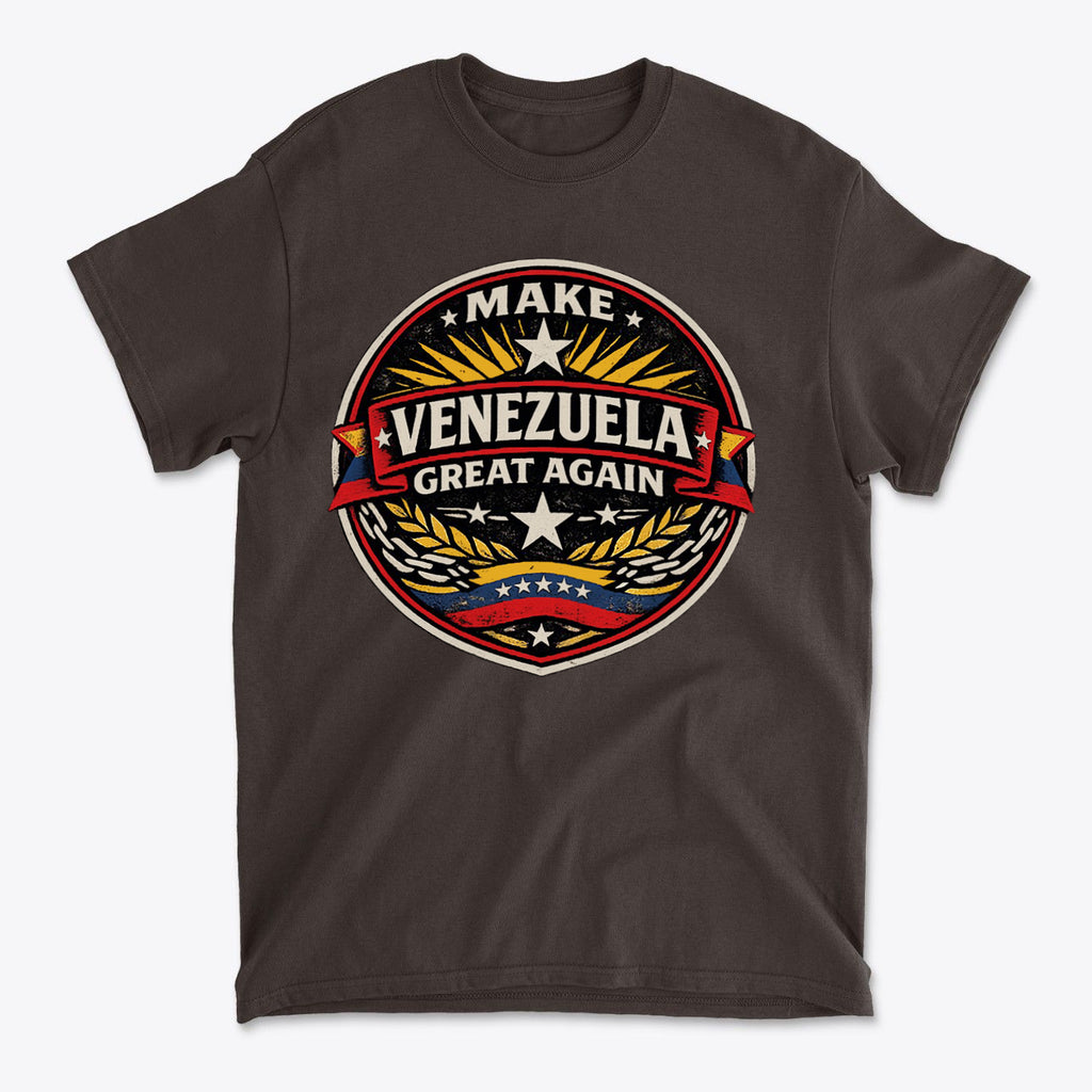 Design featuring the slogan Make Venezuela Great Again for the Future on a stylish dark t-shirt.