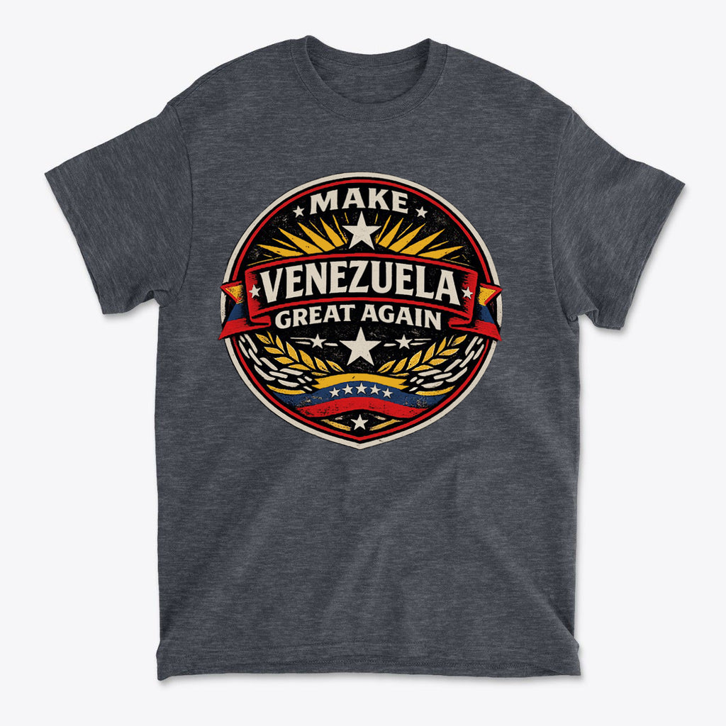 Make Venezuela Great Again for the Future graphic on a dark grey t-shirt, symbolizing hope and national pride.