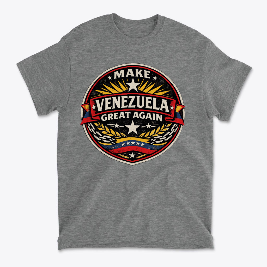 Make Venezuela Great Again for the Future graphic t-shirt design on a gray background.