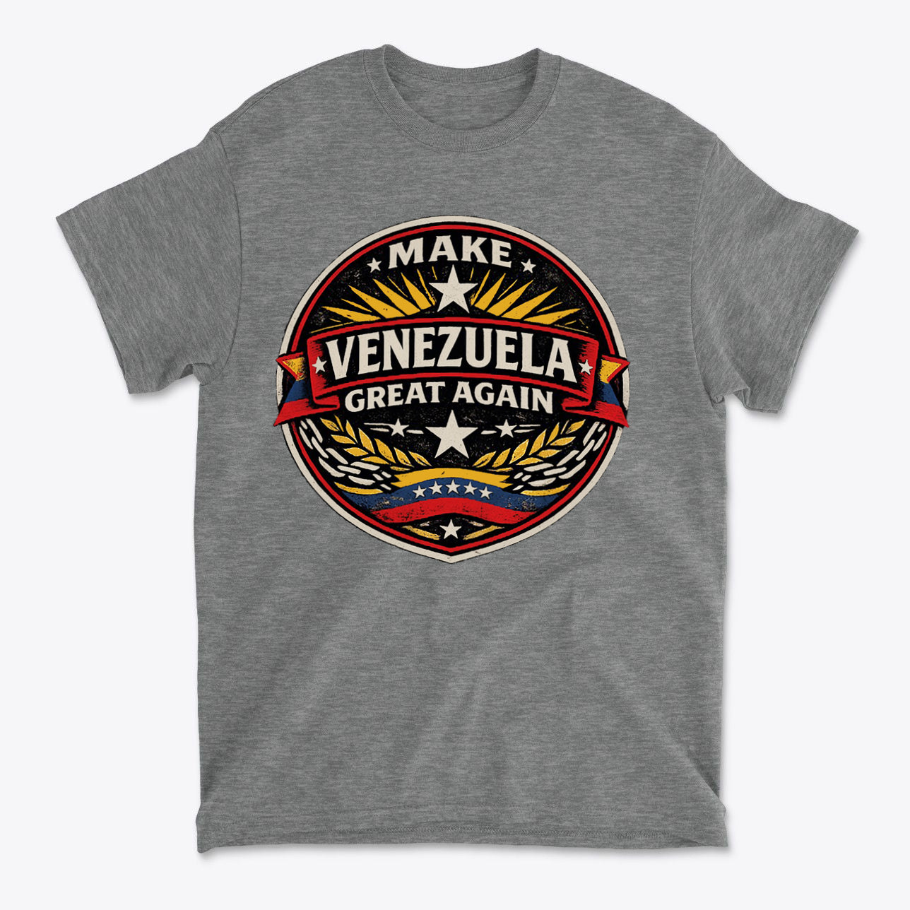 Make Venezuela Great Again for the Future graphic t-shirt design on a gray background.