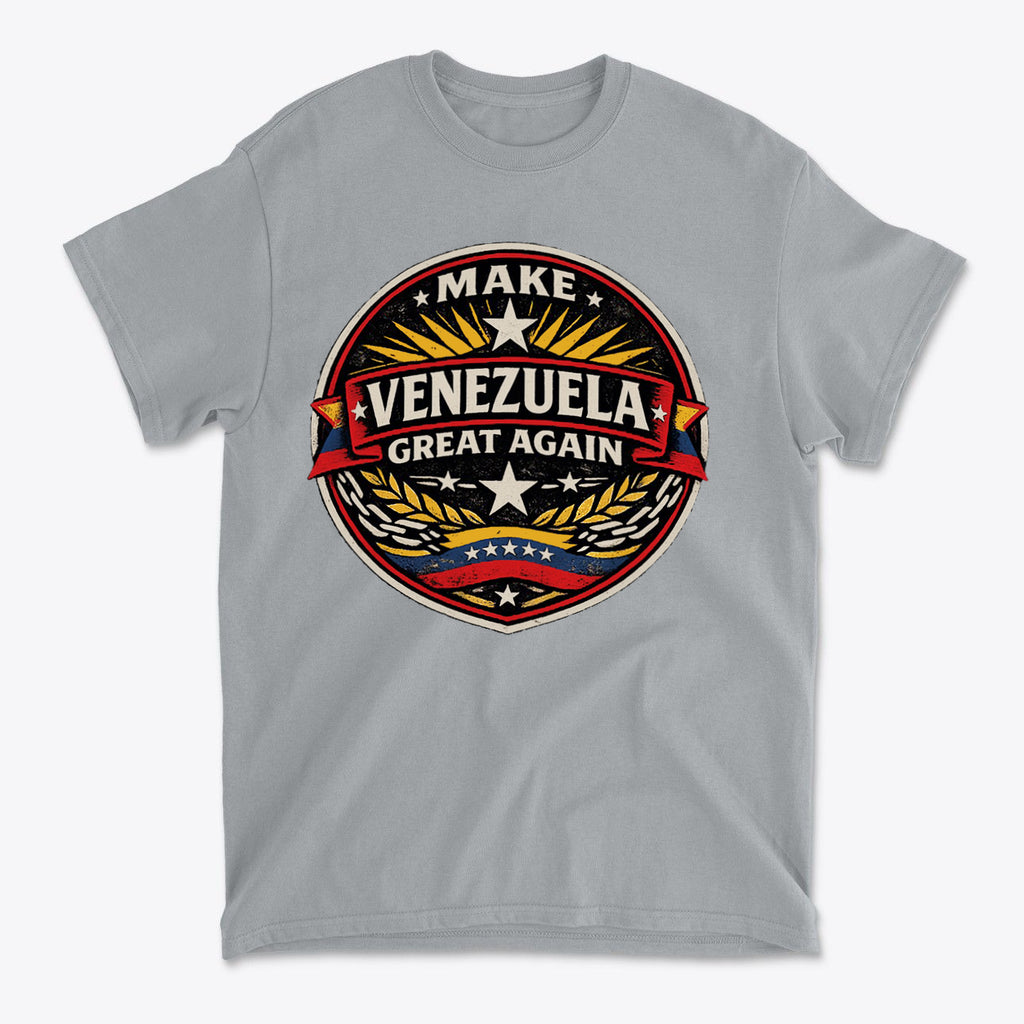 Gray t-shirt featuring the slogan Make Venezuela Great Again for the Future with a bold emblem design.