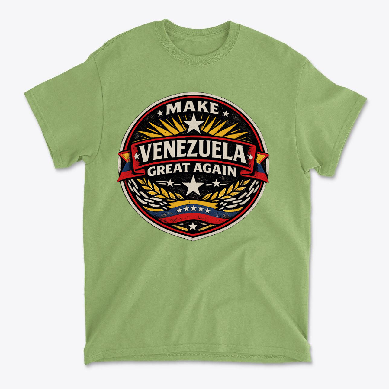 Green t-shirt featuring the slogan Make Venezuela Great Again for the Future with a bold emblem design.