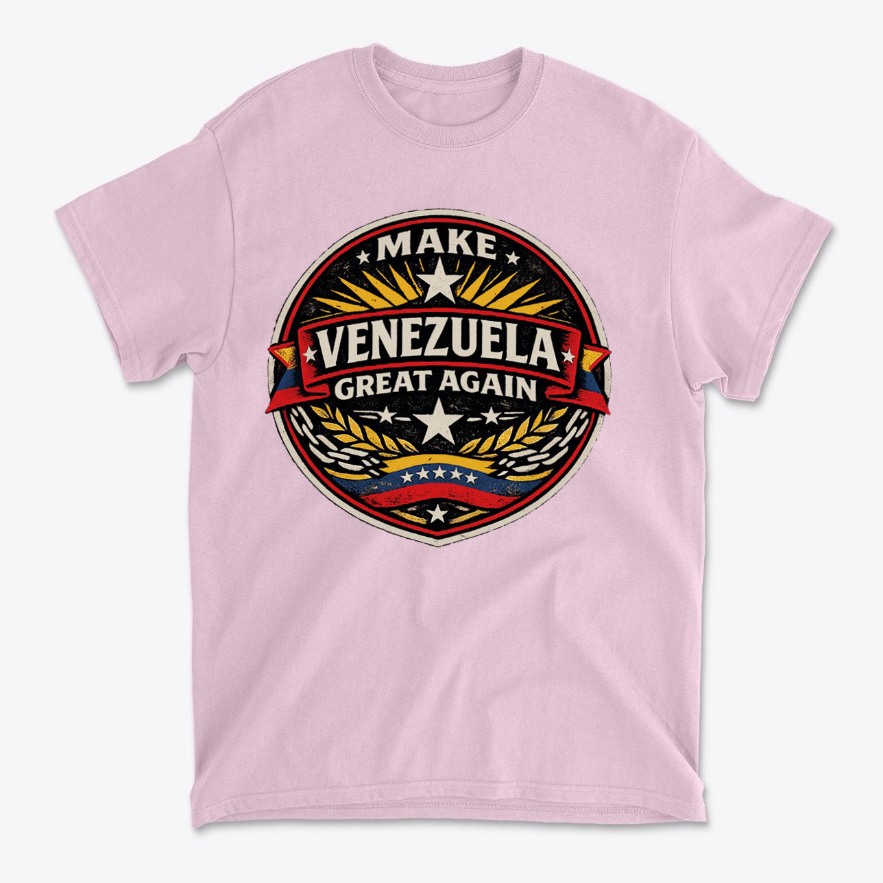 Make Venezuela Great Again for the Future badge design on a pink t-shirt showcasing national pride and determination.