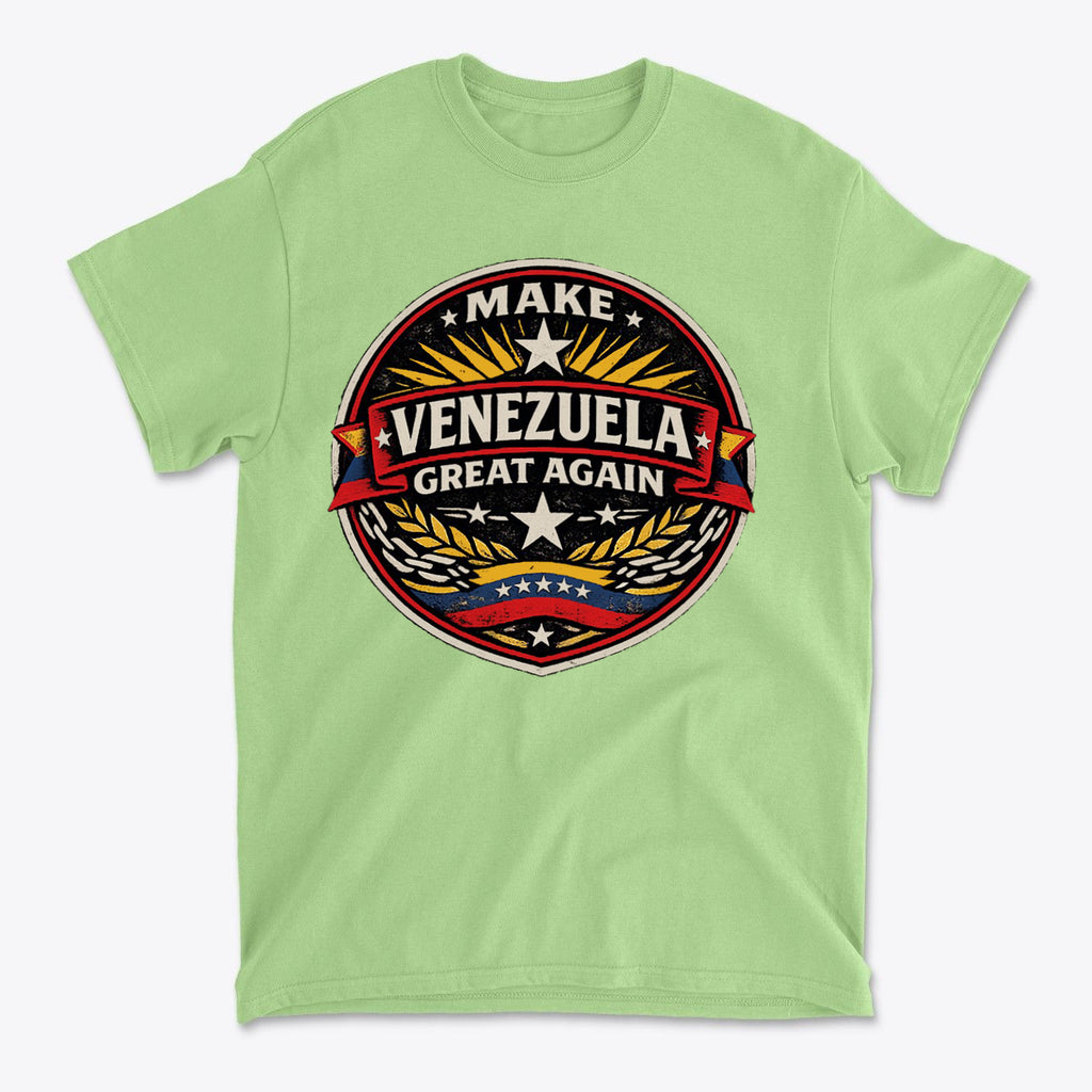 Green t-shirt featuring the slogan Make Venezuela Great Again for the Future, showcasing national pride and determination.
