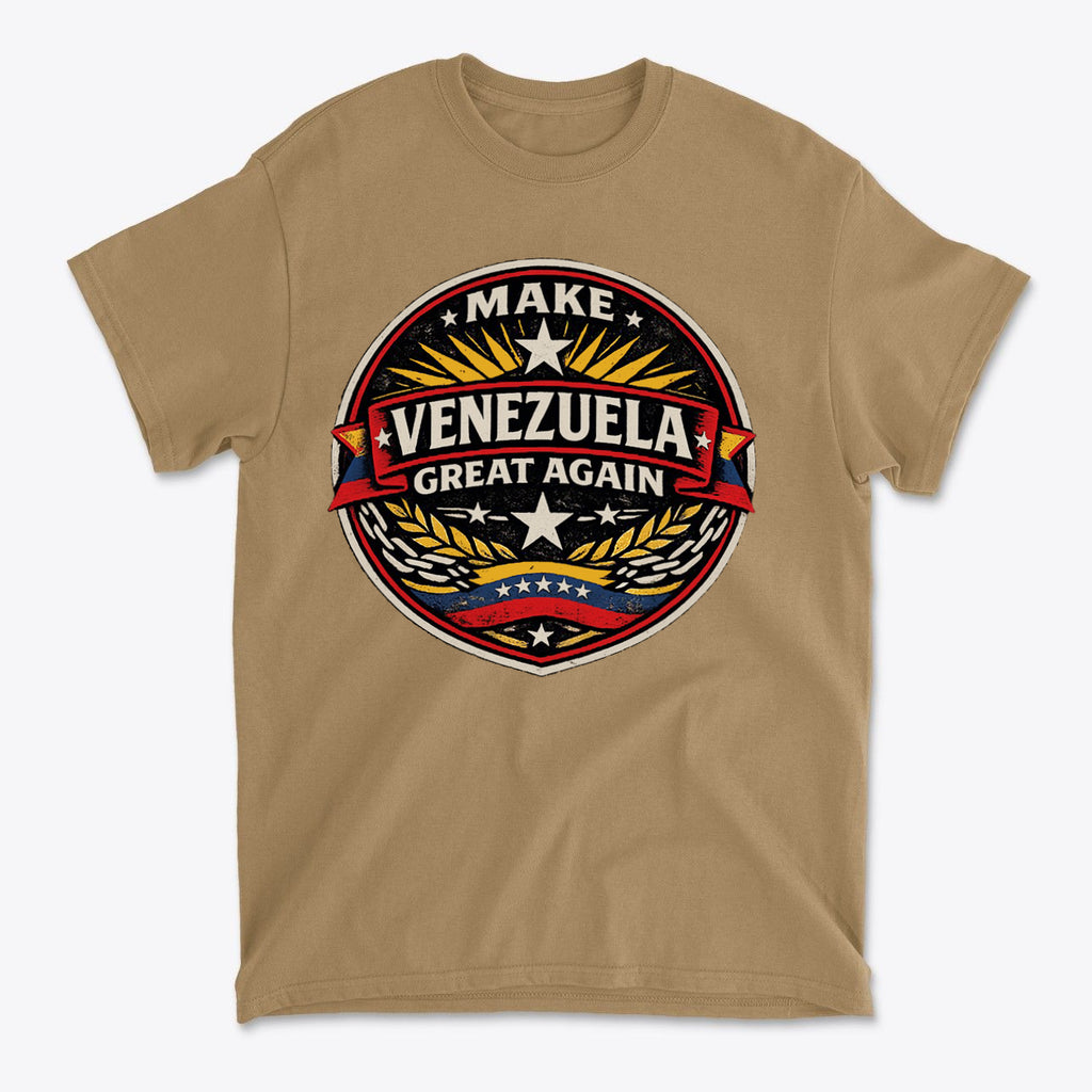 Make Venezuela Great Again for the Future T-shirt with bold graphic design and emblem on a beige background.