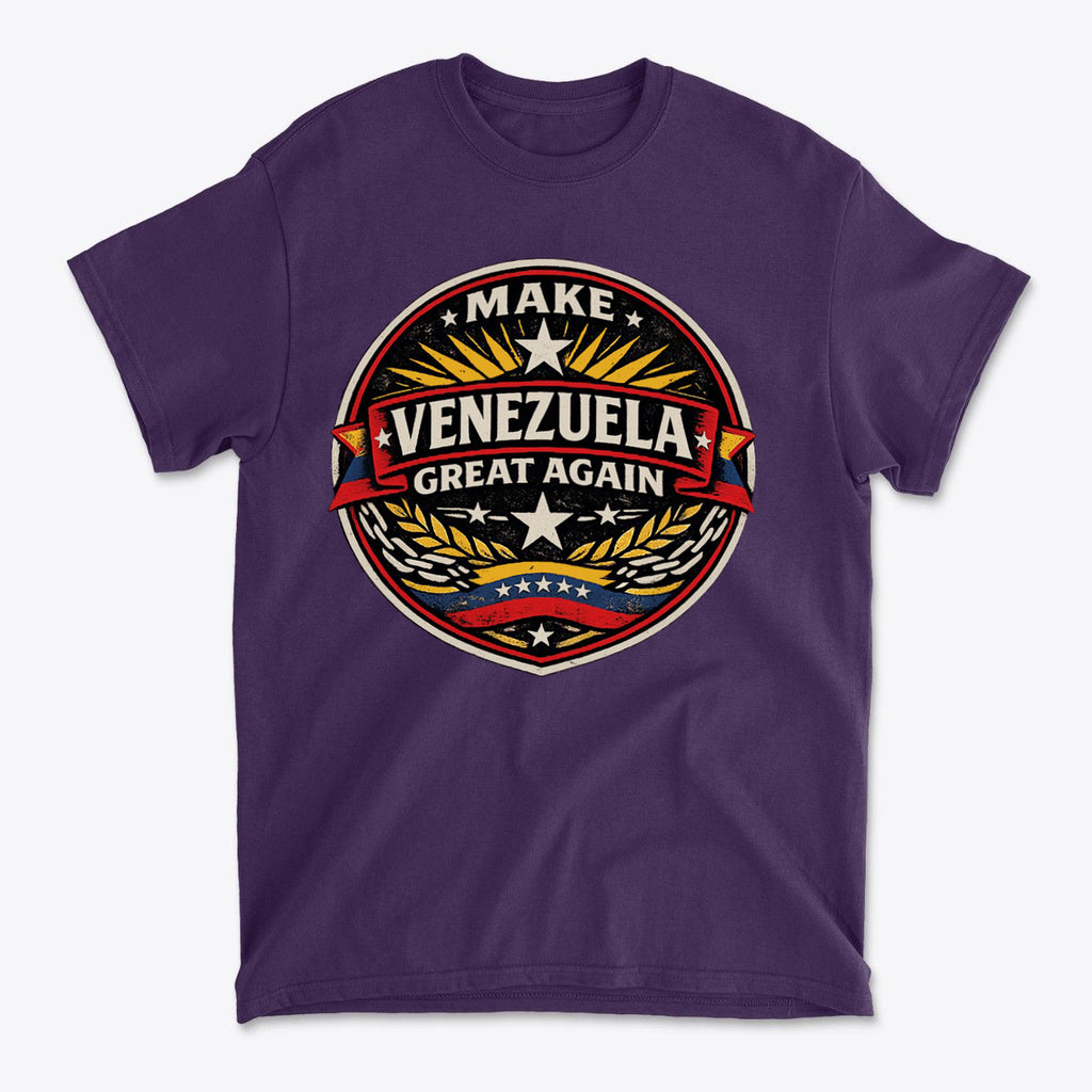 Make Venezuela Great Again for the Future graphic t-shirt in purple with bold design and vibrant colors.