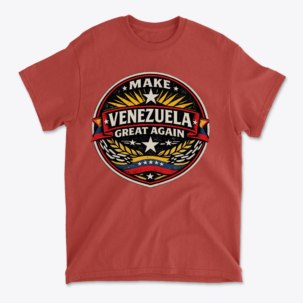Red t-shirt featuring the slogan Make Venezuela Great Again for the Future with bold graphics and national pride symbols.