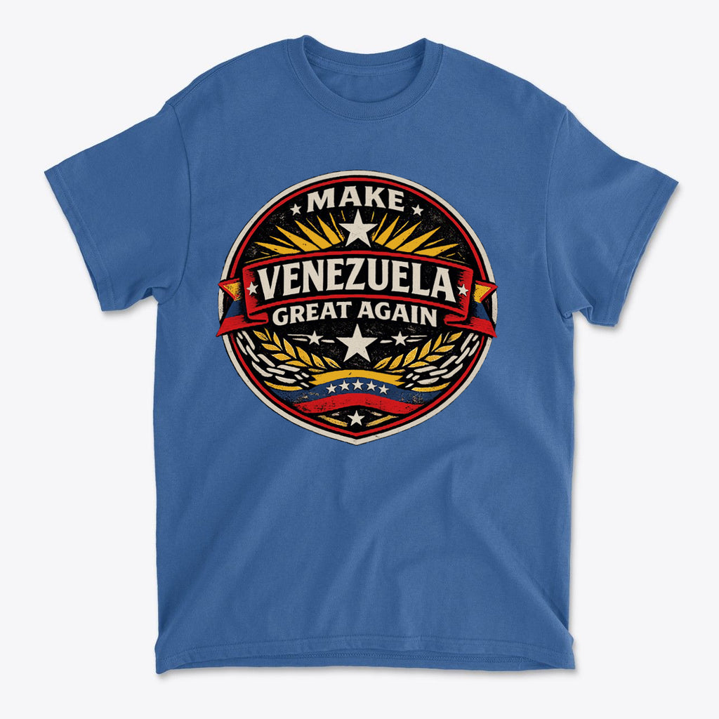 Make Venezuela Great Again for the Future t-shirt with a bold circular design featuring stars and laurel wreaths.