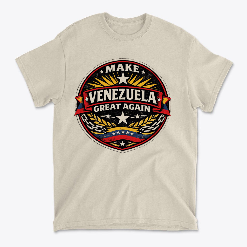 Make Venezuela Great Again for the Future graphic tee featuring a bold emblem with national pride themes.