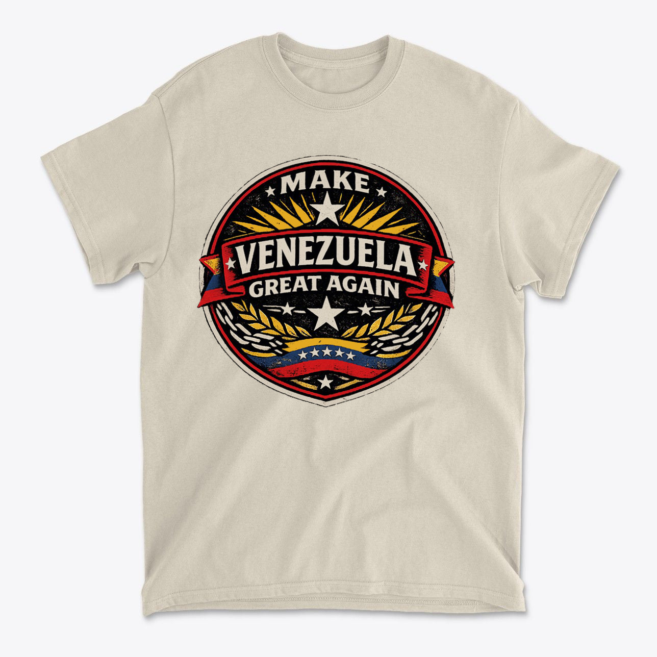 Make Venezuela Great Again for the Future graphic tee featuring a bold emblem with national pride themes.