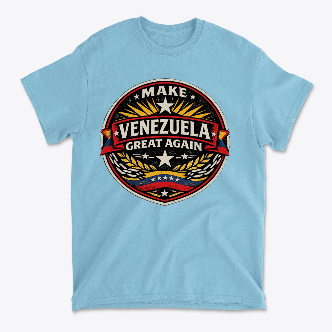 Blue t-shirt featuring the slogan Make Venezuela Great Again for the Future with a bold emblem design.