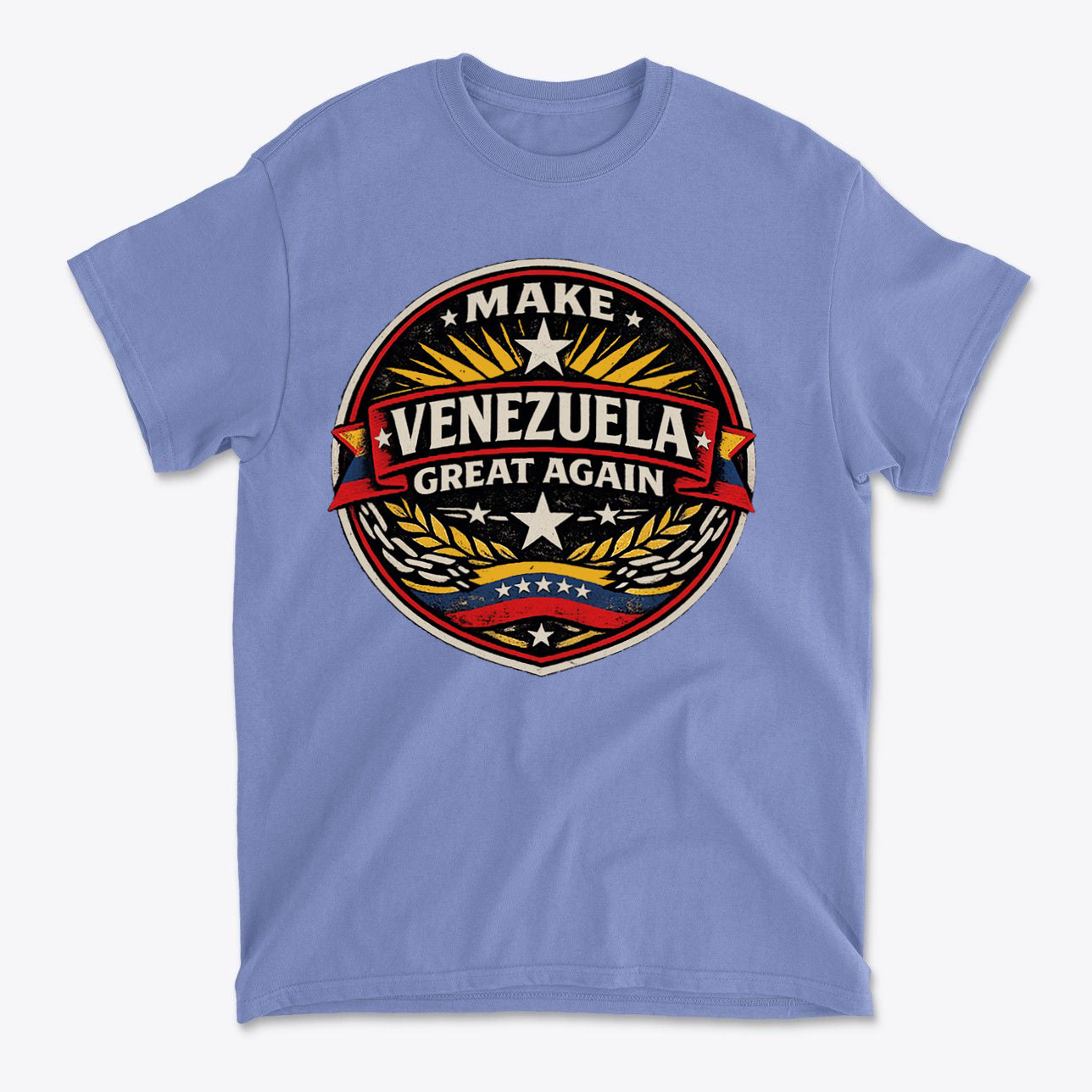 Make Venezuela Great Again for the Future design on a blue t-shirt showcasing national pride and strong leadership.