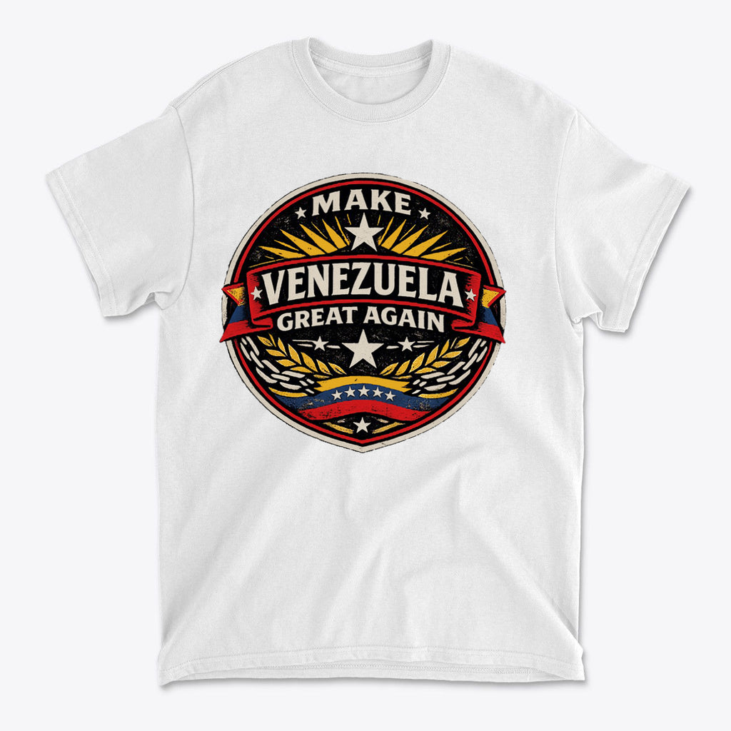 White t-shirt featuring a bold design with the slogan Make Venezuela Great Again for the Future.