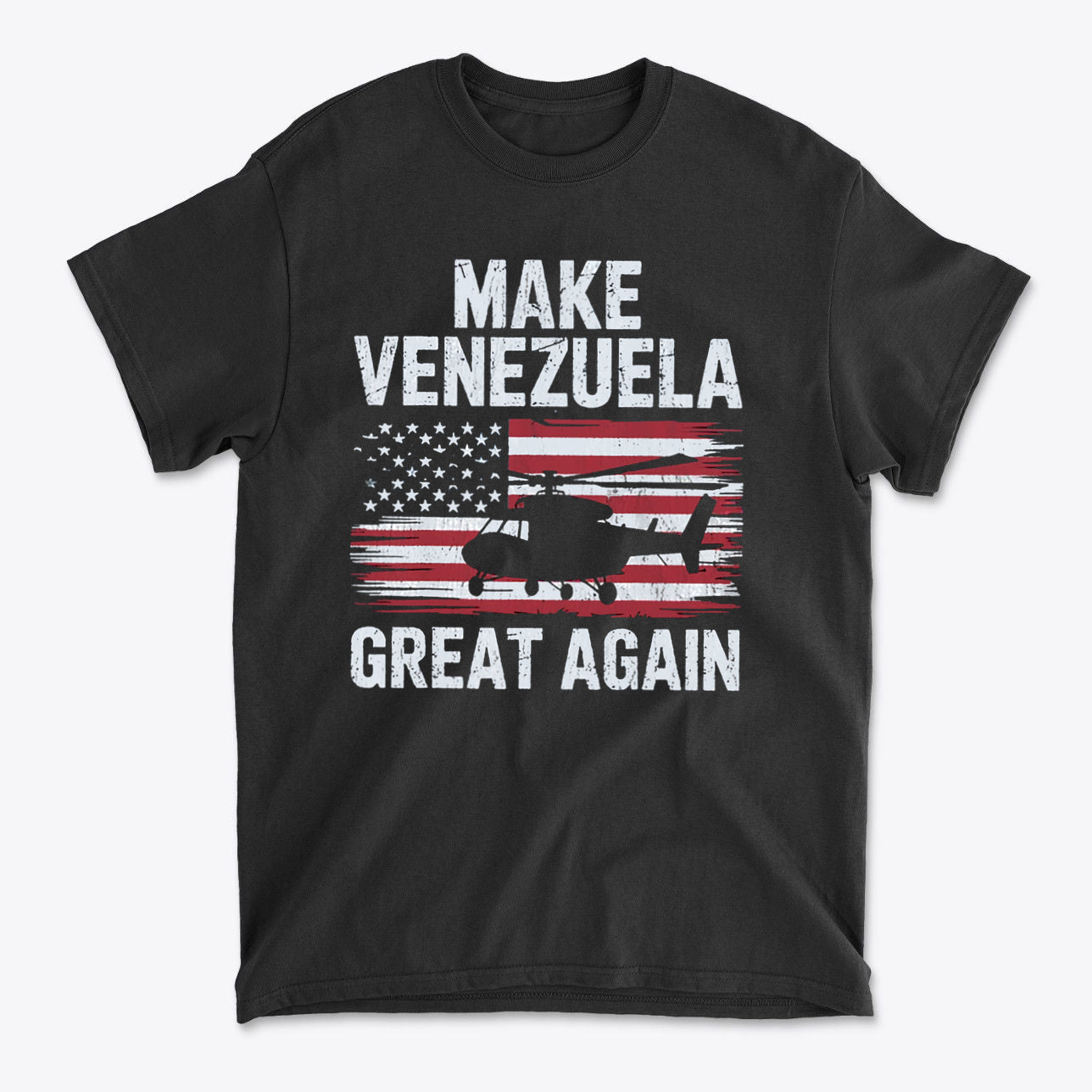 Make Venezuela Great Again With Helicopter graphic t-shirt featuring American flag and helicopter design.