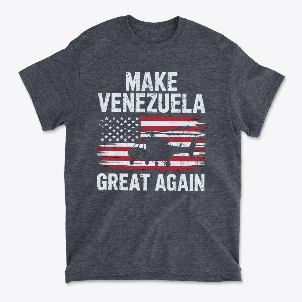 Make Venezuela Great Again With Helicopter graphic t-shirt featuring American flag design.