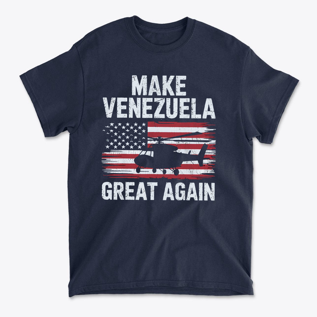 Make Venezuela Great Again With Helicopter graphic t-shirt featuring a helicopter and a distressed American flag.