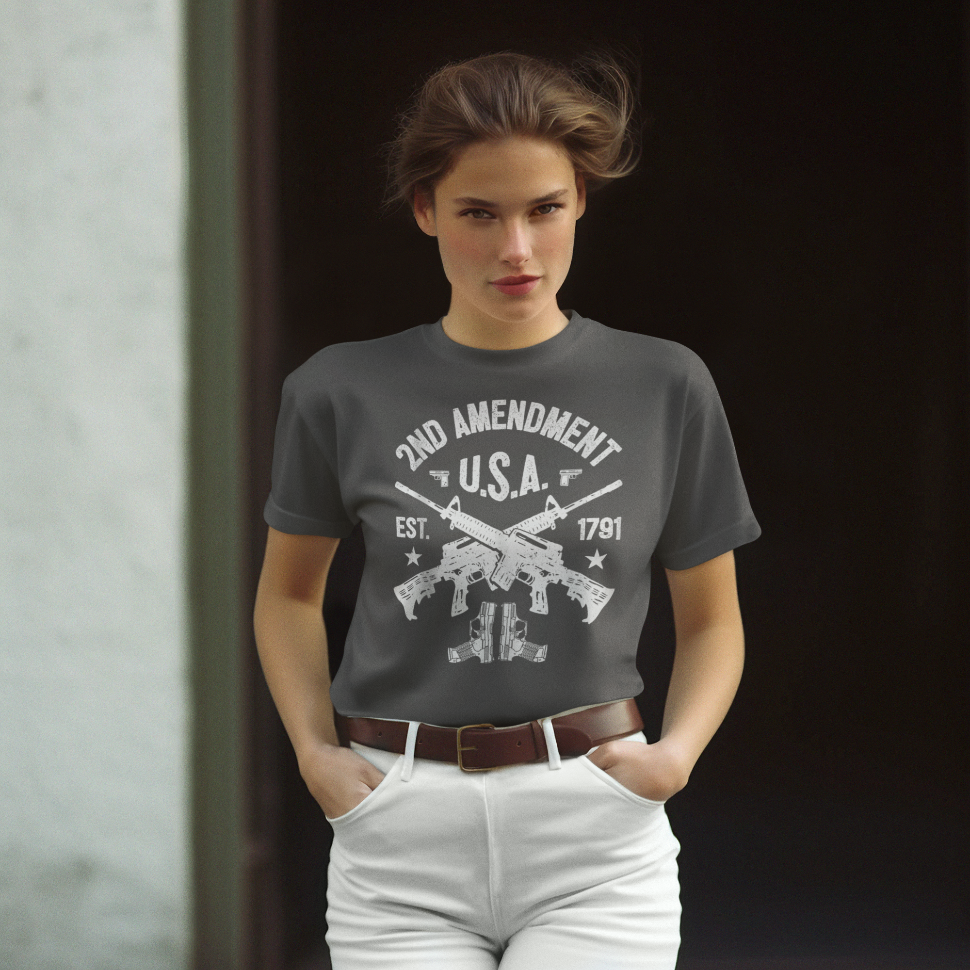 2nd Amendment U.S.A. Est. 1791 Premium Conservative Graphic T-Shirt displayed on a model.