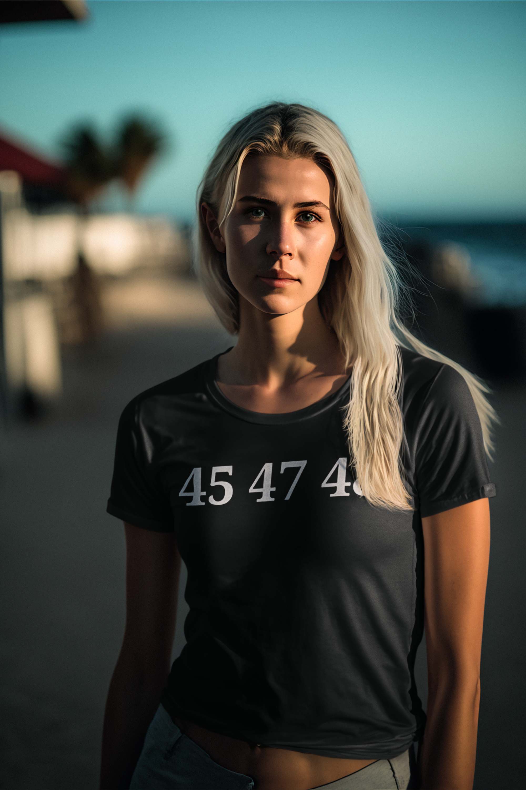 White Letter 45 47 48 Logo Tee worn by a model at the beach, highlighting the graphic design on the shirt.