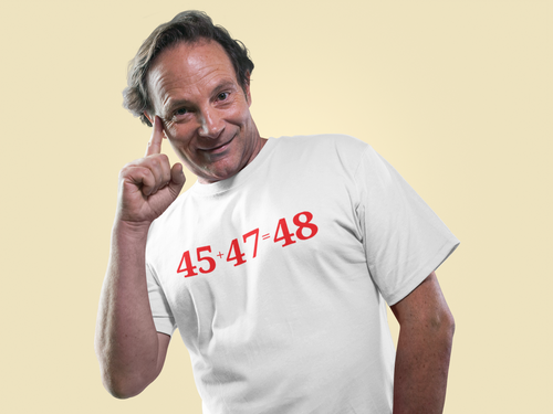 Man wearing a 45 Plus 47 Equals 48 Red Letters graphic tee showcasing personal values and patriotism.