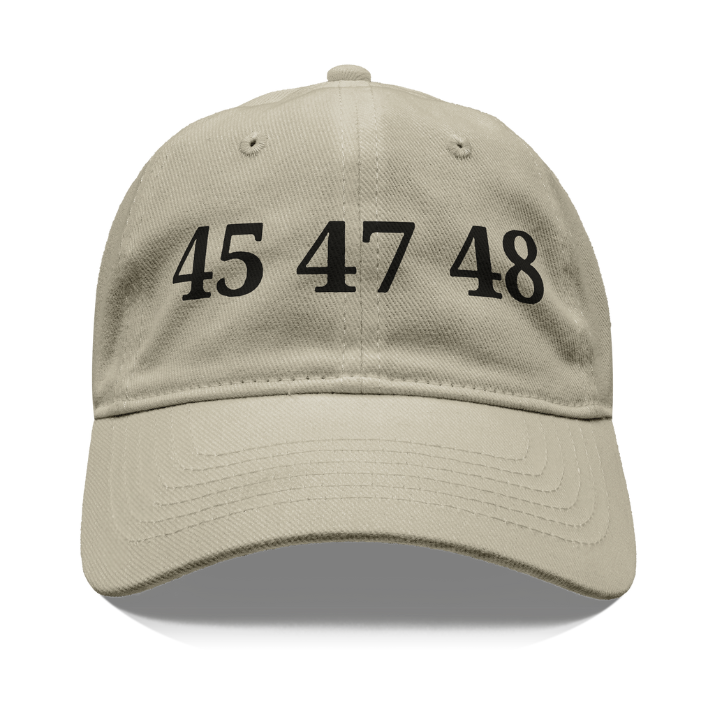 45 47 48 Trump Edition Headwear featuring a stylish beige cap with prominent black numbers.