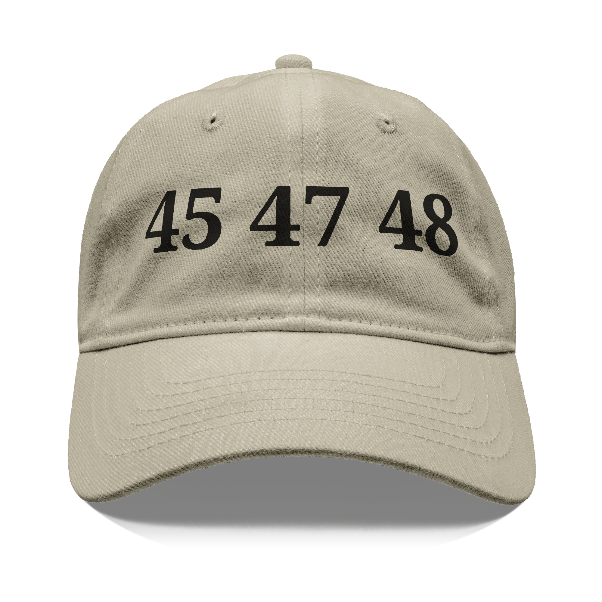 45 47 48 Trump Edition Headwear featuring a stylish beige cap with prominent black numbers.