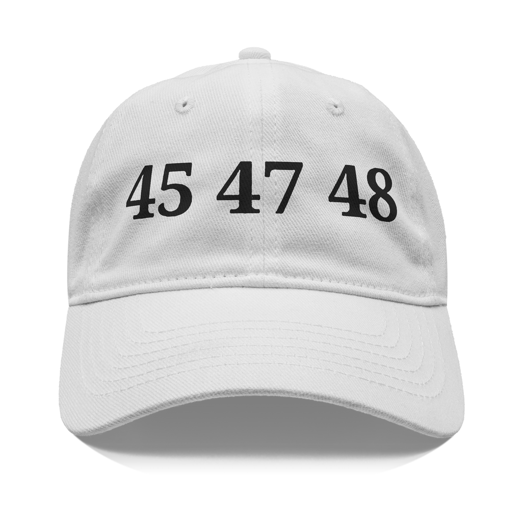 45 47 48 Trump Edition Headwear white cap with black numbers 45 47 48 on the front.
