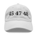 45 47 48 Trump Edition Headwear white cap with black numbers 45 47 48 on the front.