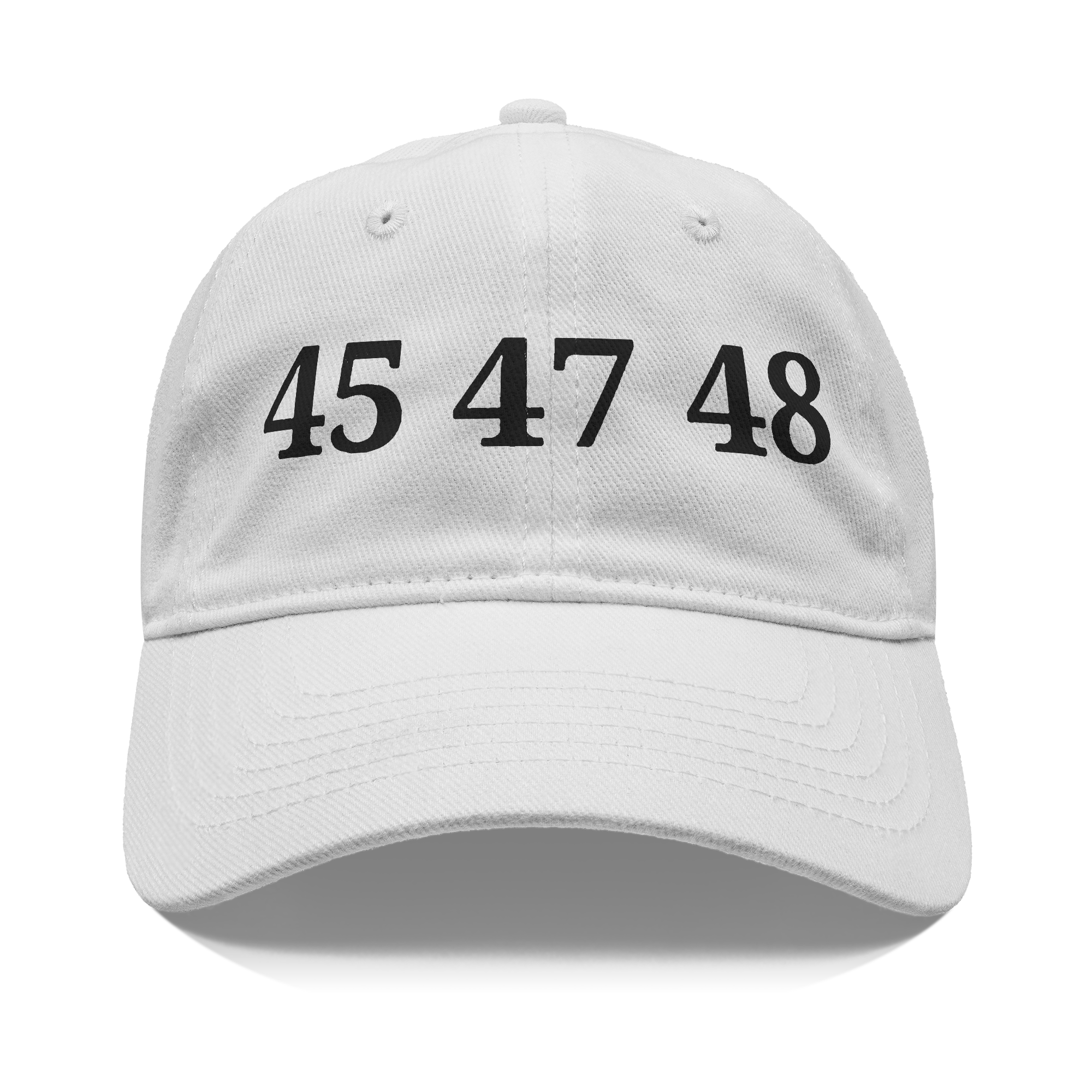 45 47 48 Trump Edition Headwear white cap with black numbers 45 47 48 on the front.
