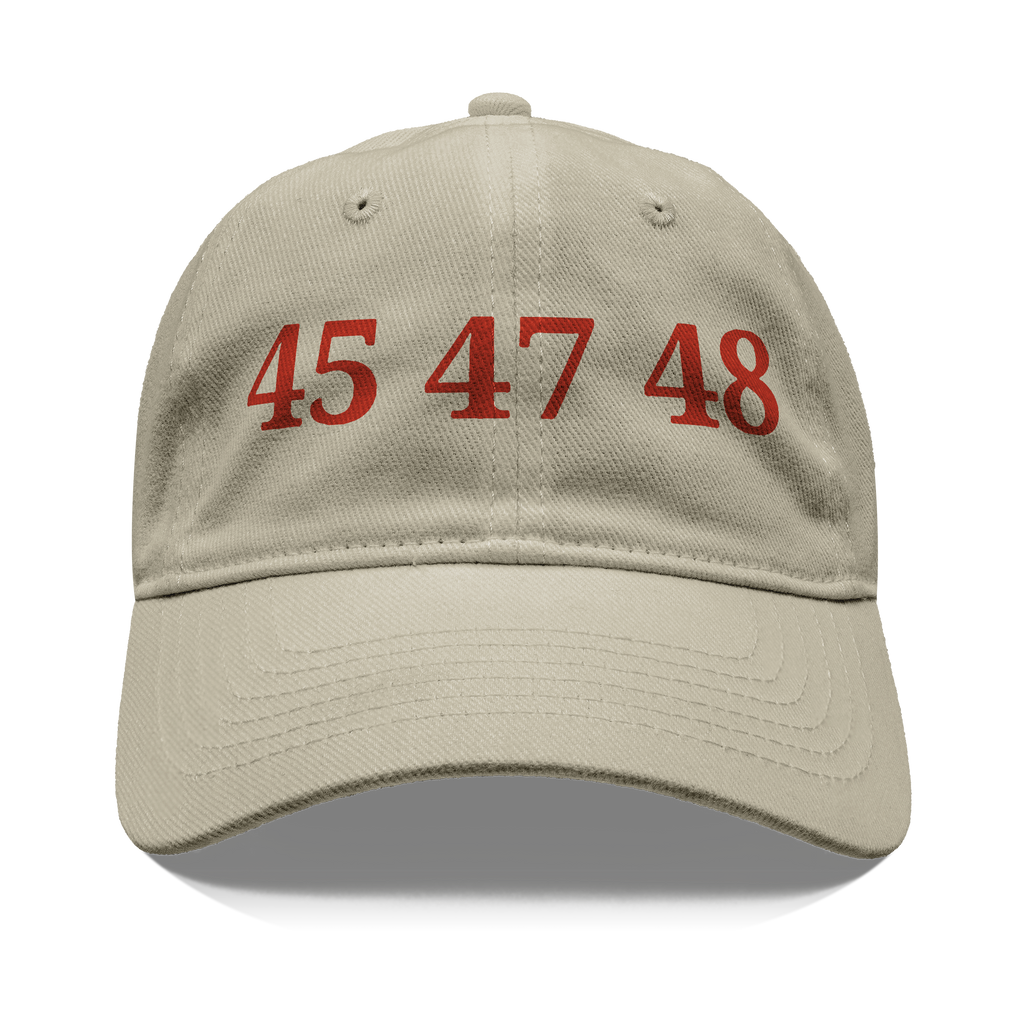 45 47 48 Trump Cap Red Word Art featured on a beige cap with bold red lettering.