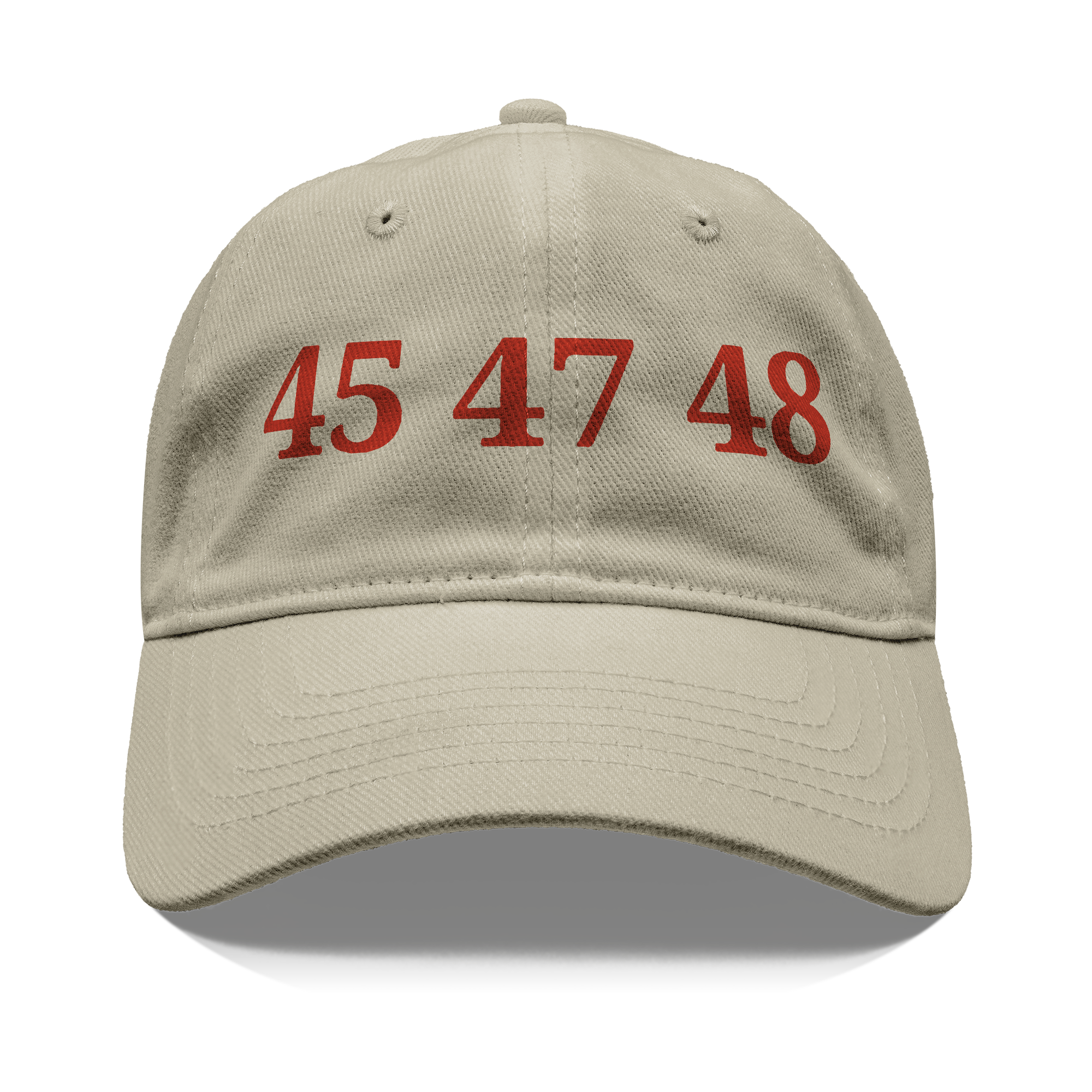 45 47 48 Trump Cap Red Word Art featured on a beige cap with bold red lettering.
