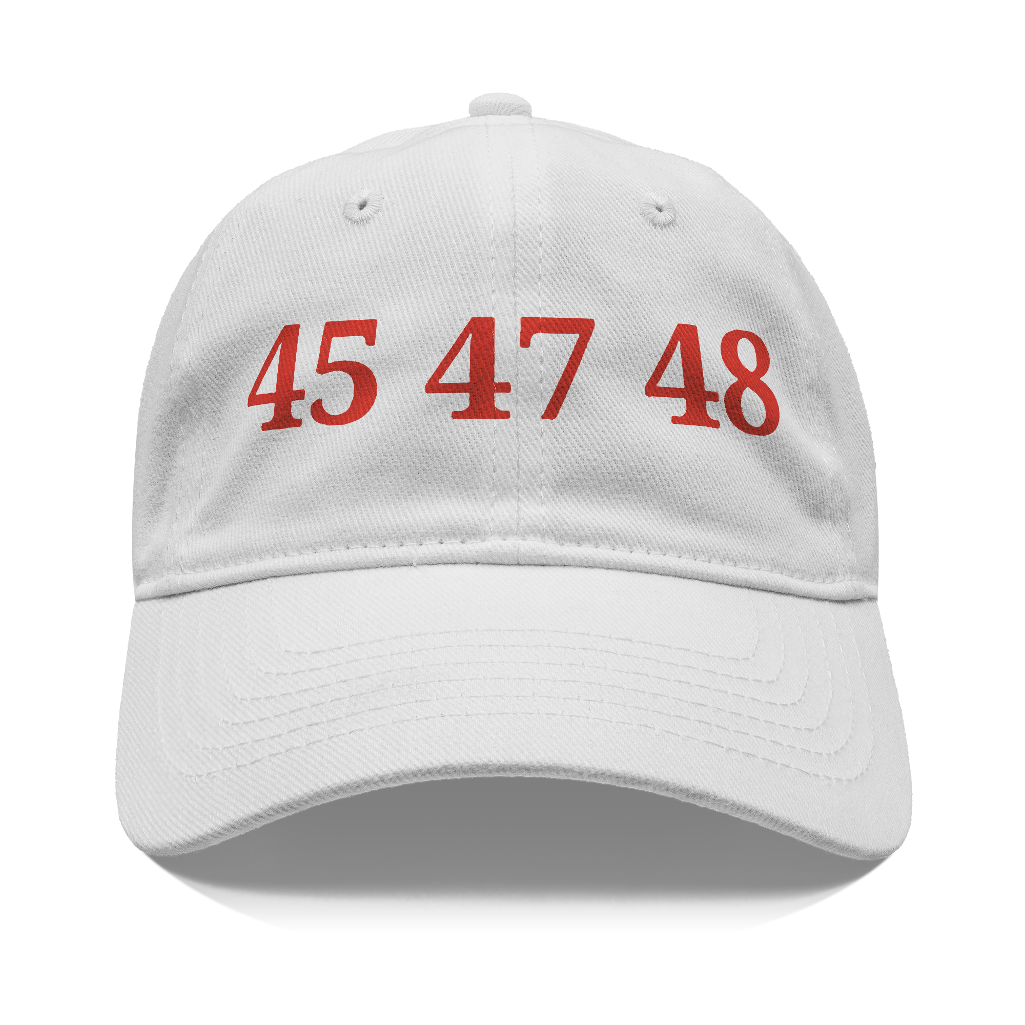 45 47 48 Trump Cap Red Word Art featuring red lettering on a white baseball cap.