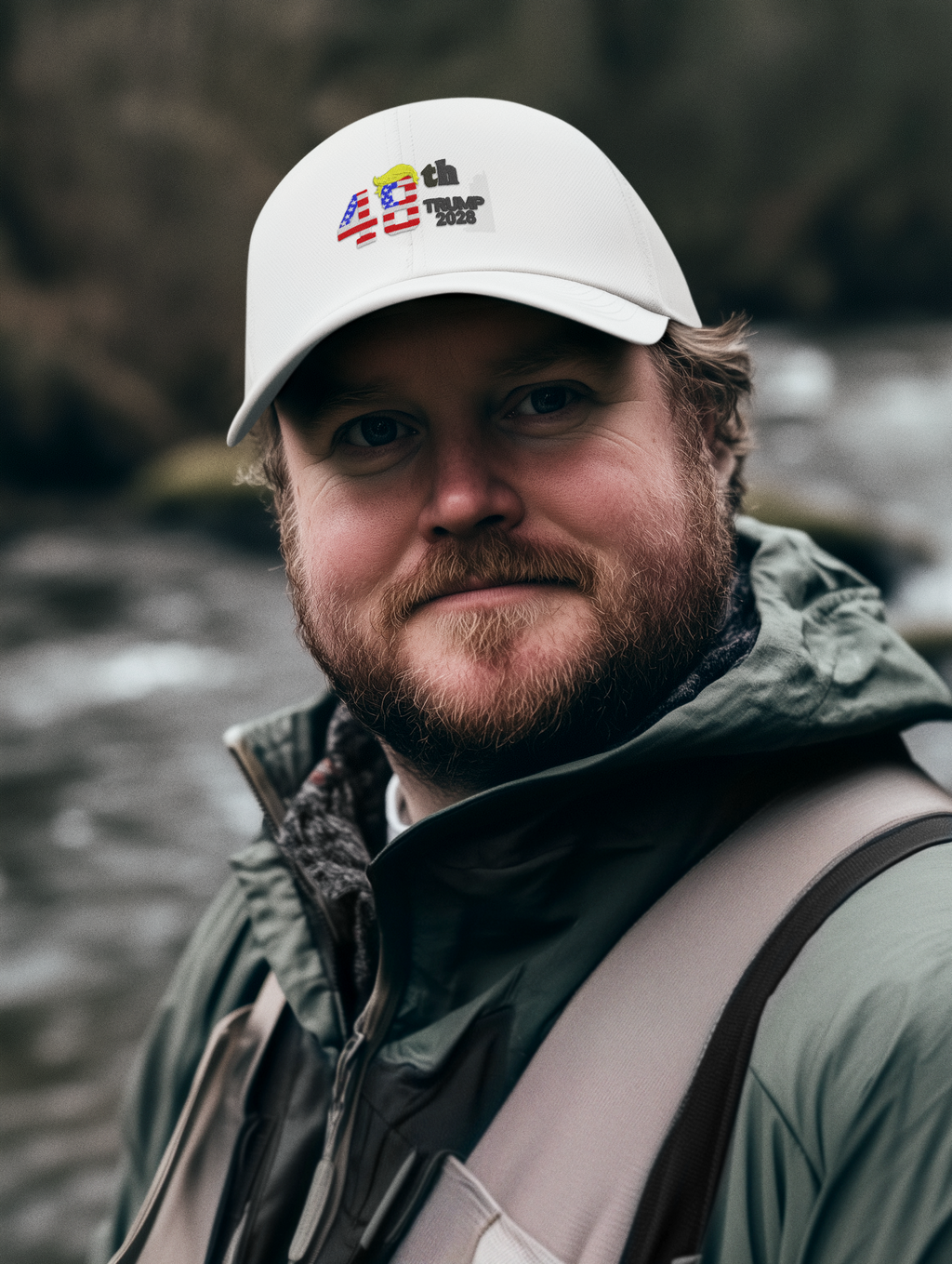 Man wearing a Trump 2028 Trucker Cap Blk Ltrs by a river, showcasing patriotic and conservative values.