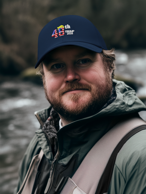 Person wearing a 48th Trump 2028 - Foam Mesh-Back Trucker Cap by the water.