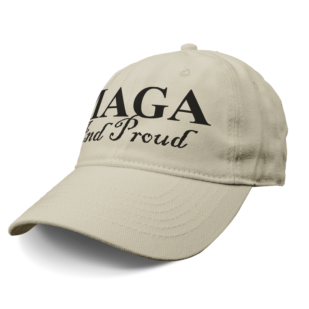 MAGA And Proud Black Script Tee displayed on a beige baseball cap featuring bold black lettering.