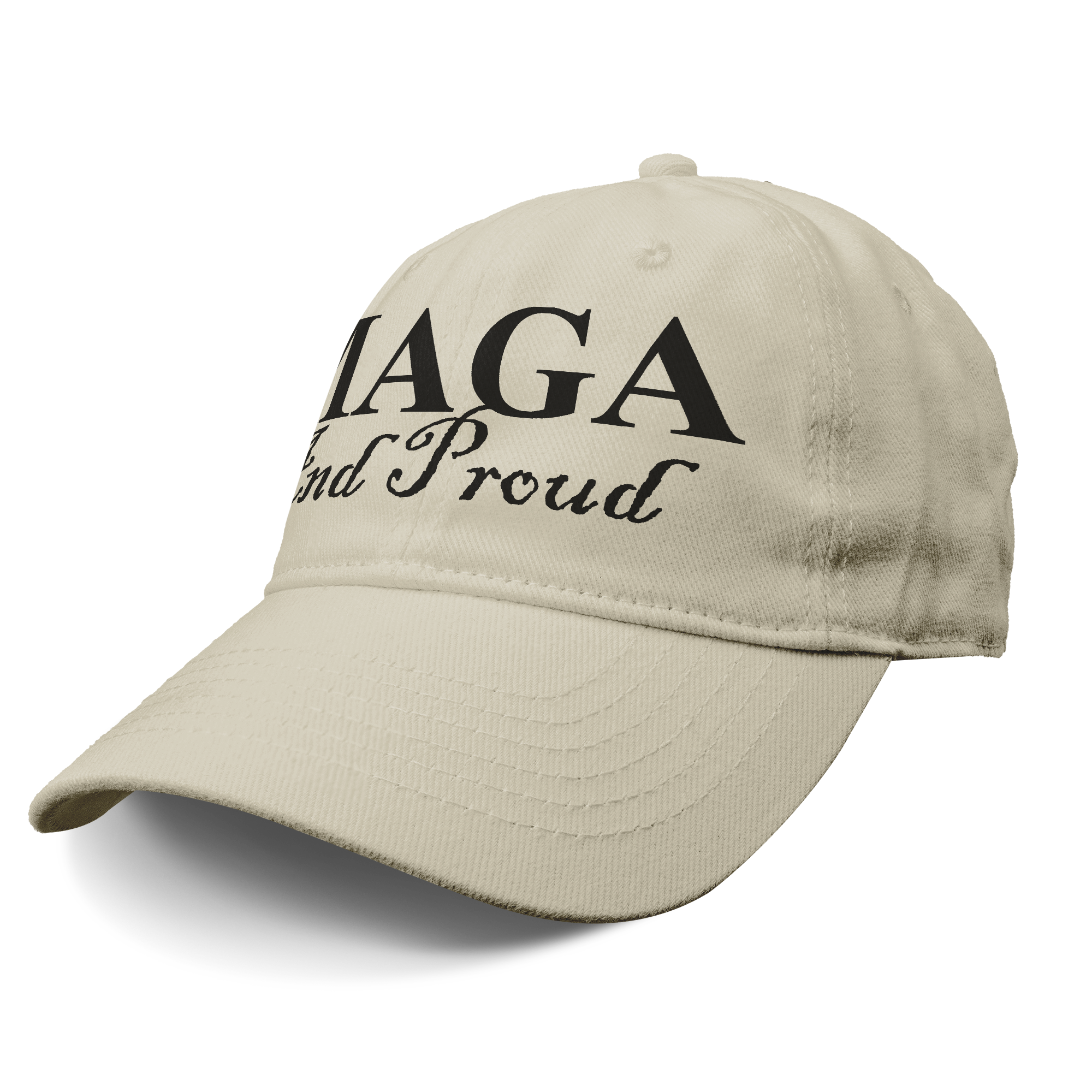 MAGA And Proud Black Script Tee displayed on a beige baseball cap featuring bold black lettering.
