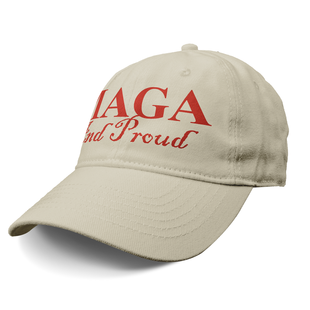 MAGA And Proud Red Font Apparel beige cap featuring bold red lettering for patriotic expression.