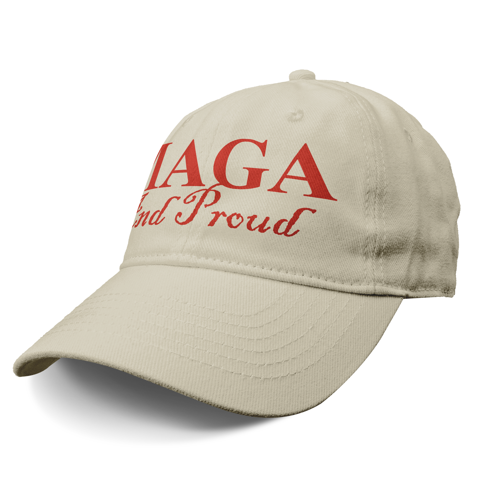 MAGA And Proud Red Font Apparel beige cap featuring bold red lettering for patriotic expression.