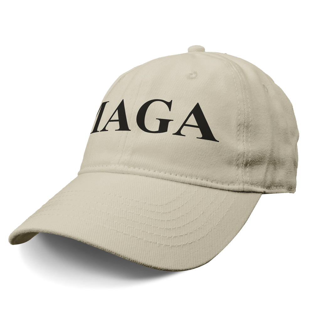 MAGA Black Letters Custom Print baseball cap in beige color with bold black lettering.