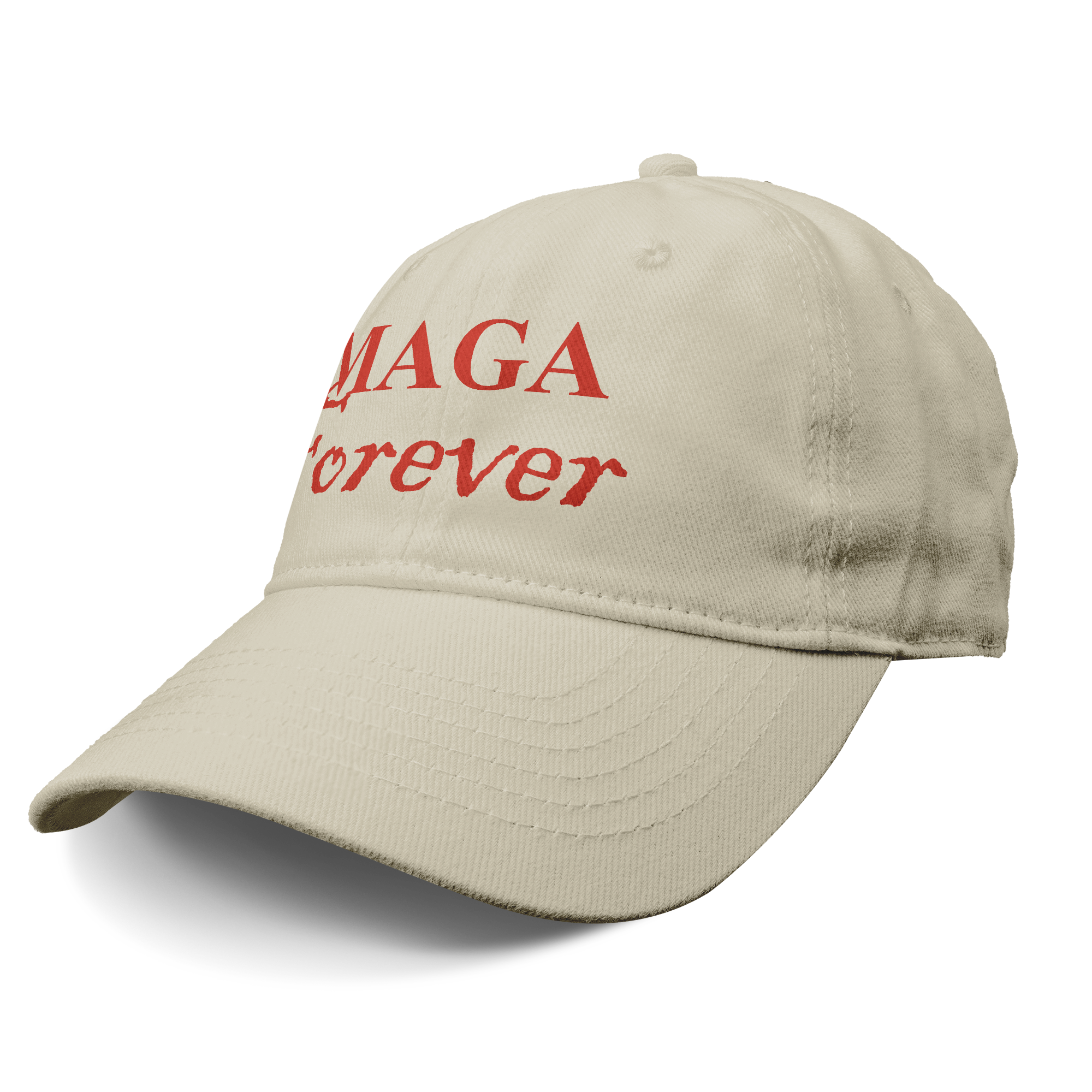 MAGA Forever Red Letters Graphic hat in beige with red lettering, perfect for expressing personal values.