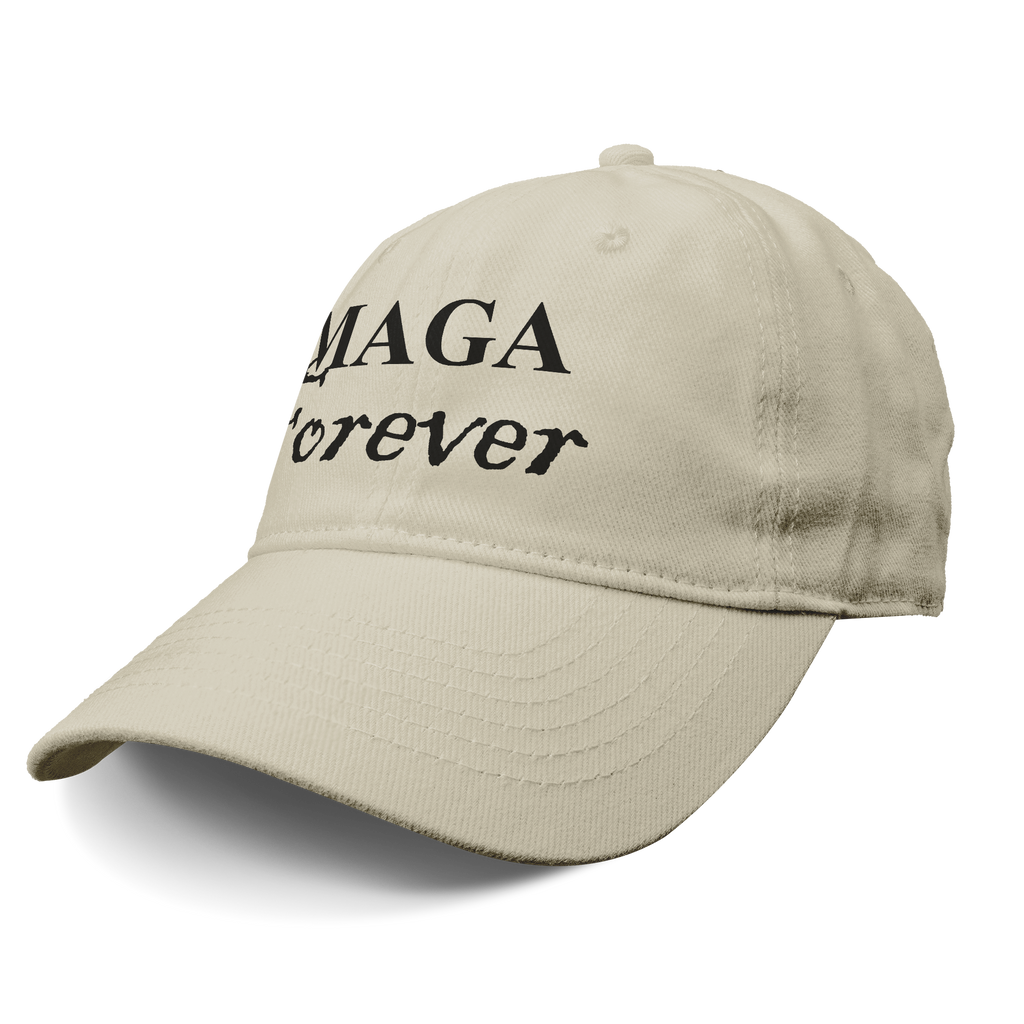 MAGA Forever Black Letters Style beige cap featuring the phrase MAGA forever in bold lettering.