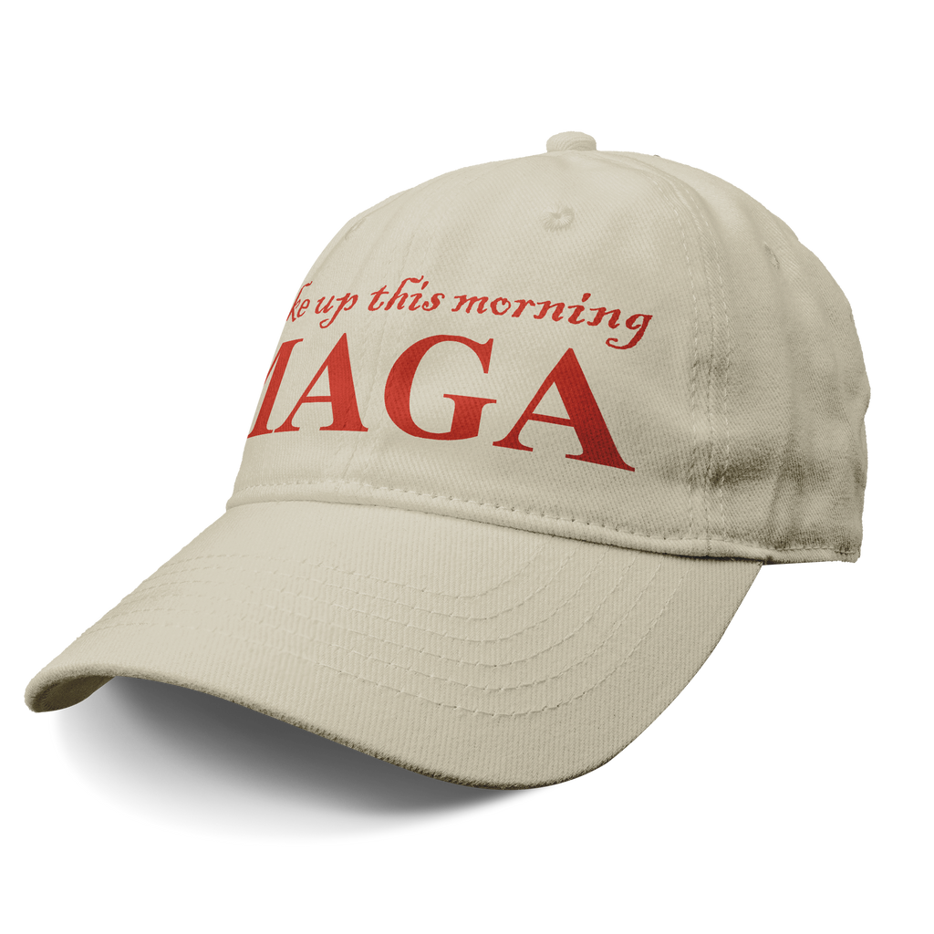 Woke Up This Morning Maga Red Letters graphic cap featuring bold red lettering on a beige background.
