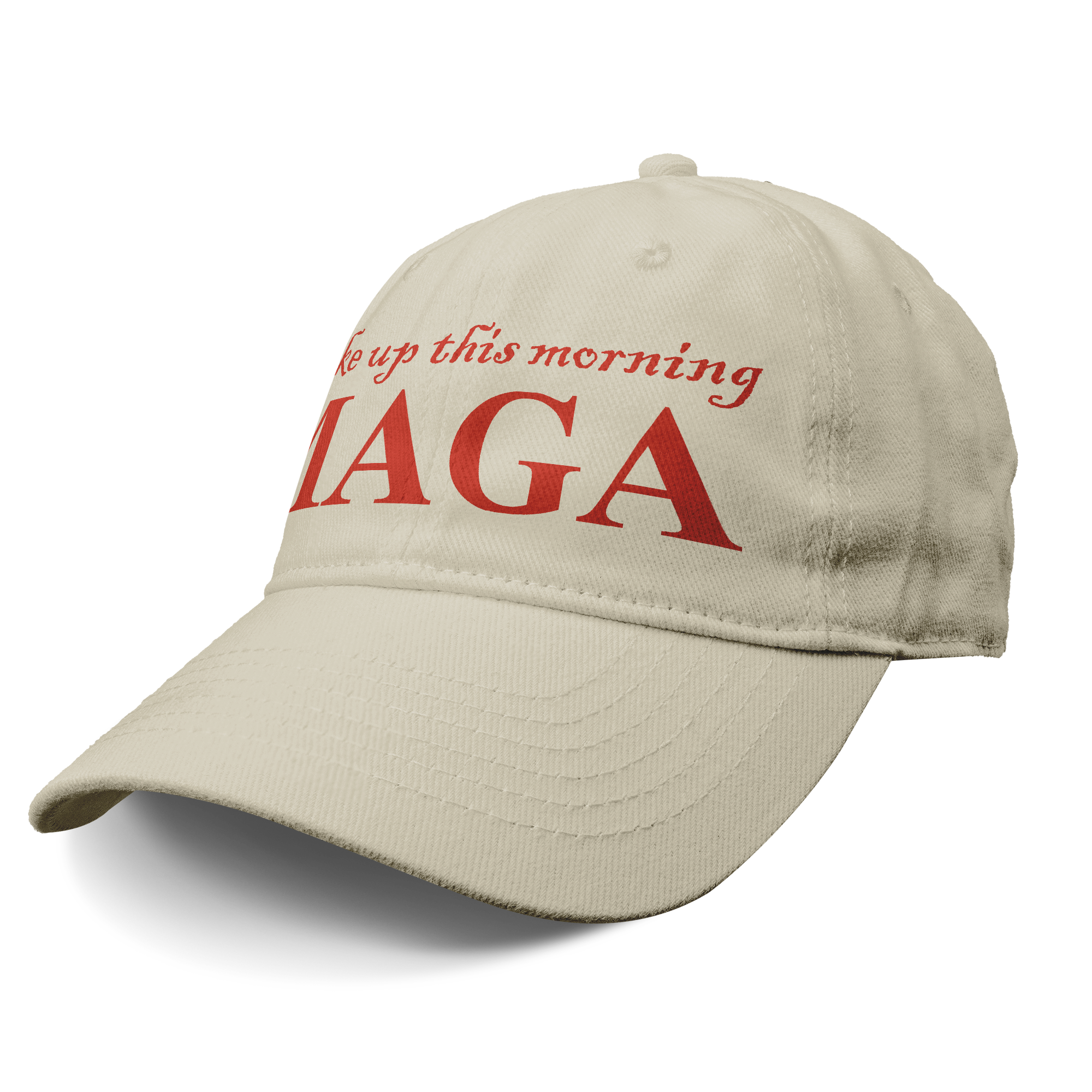Woke Up This Morning Maga Red Letters graphic cap featuring bold red lettering on a beige background.