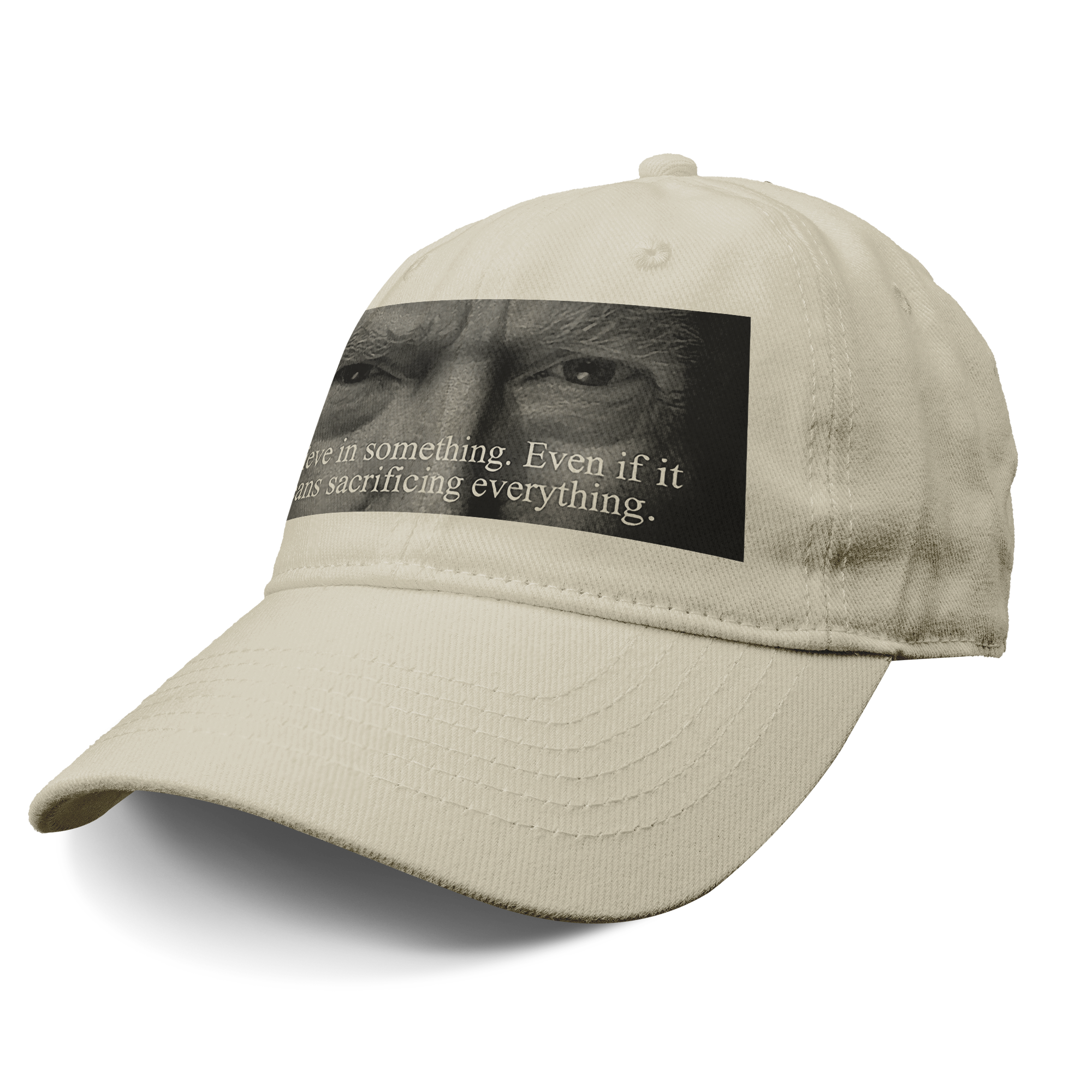 Trump Believe In Something Print cap featuring a graphic with a motivational quote on a light-colored hat.