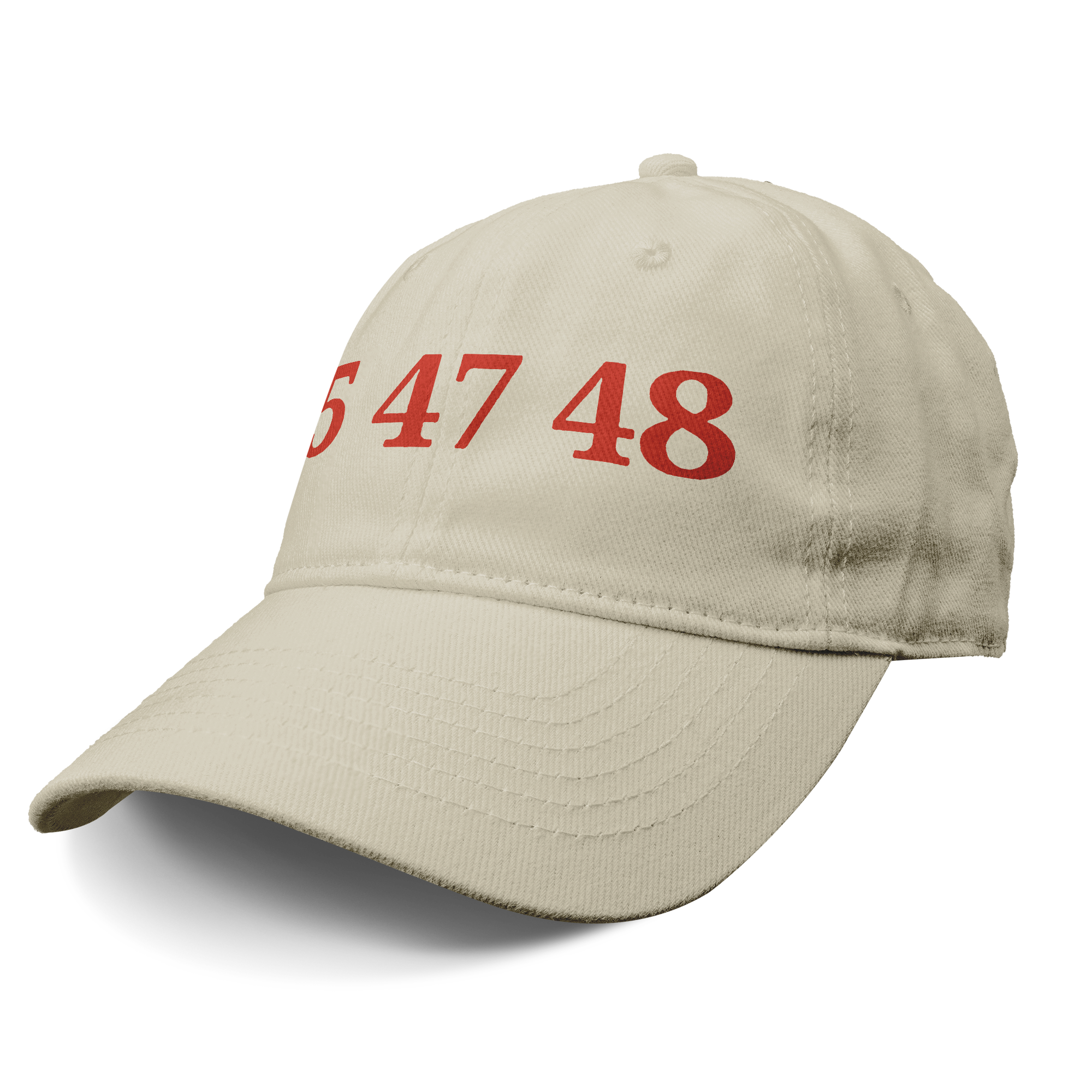 45 47 48 Trump Cap Red Word Art showcasing a beige cap with bold red numbers 547 48.