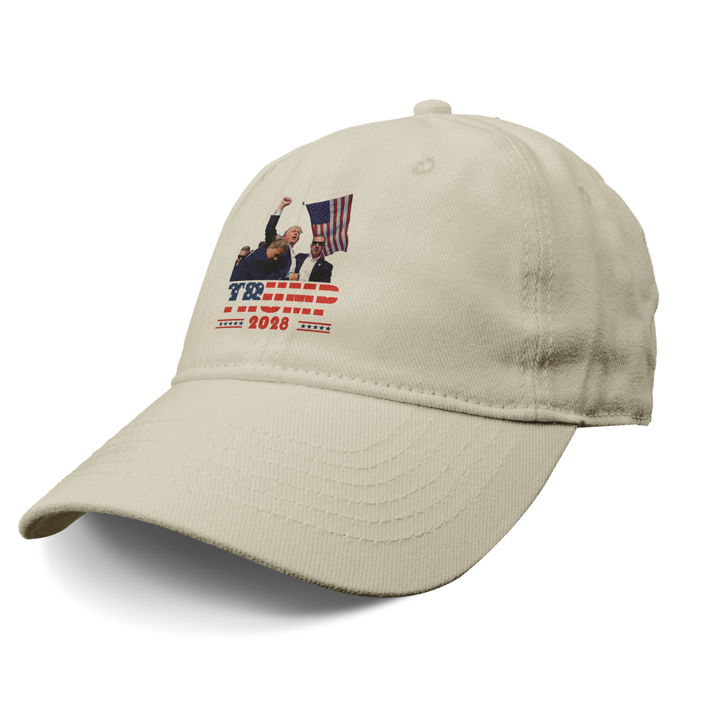 Trump Shot 2028 Graphic Design baseball cap featuring patriotic imagery and slogan.