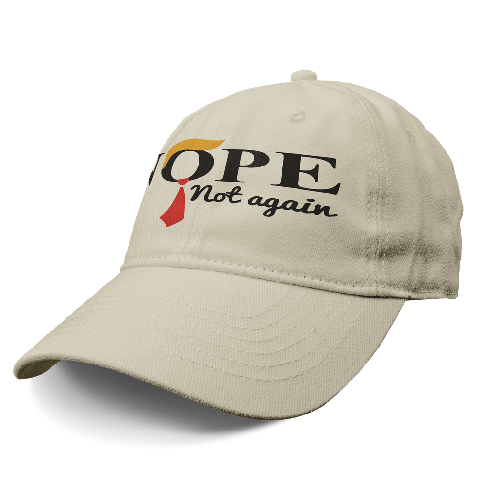 Nope - Not Again With Hair and Tie baseball cap in tan color with text design.